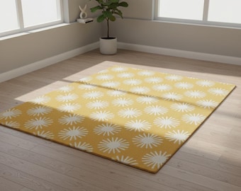Mustard Yellow Floral Rug, White Sunburst Pattern, Scandinavian Decor (4x9 Feet)