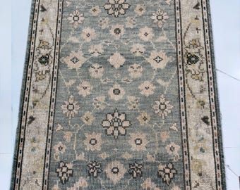 Hand Knotted Wool Area Rug, Sage Green Floral vintage Style