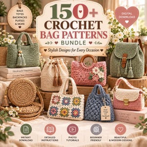 Puede incluir: Un paquete de descarga digital de más de 150 patrones de bolsos de ganchillo que incluye varios estilos, como un bolso verde, un bolso tipo cubo de color crema con cordón, un bolso rosa con flores, un bolso redondo beige, un bolso granny square y uno azul.