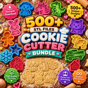 以下が含まれることがあります： 500種類以上のクッキー型用STLファイルデジタルバンドル。犬、ユニコーン、恐竜、猫、ウサギ、ジンジャーブレッドマン、雪の結晶、納屋、トラックなどのカラフルなプラスチック製形状が含まれており、500+ Unique DesignsやInstant Downloadといったテキストが記載されています。