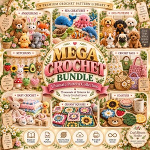 Może przedstawiać: Cyfrowa reklama zestawu Mega Crochet Bundle prezentująca różne wzory szydełkowe, w tym zwierzęta amigurumi, breloczki, torby, artykuły dziecięce, kwadraty granny i podstawki pod kubki z odpowiednimi etykietami tekstowymi.
