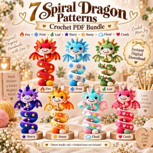 May include: A crochet PDF bundle featuring 7 spiral dragon patterns titled 7 Spiral Dragon Patterns. The image displays seven colorful, handmade dragon figures in red, blue, green, purple, orange, light blue, and pink, each with unique themed accents.