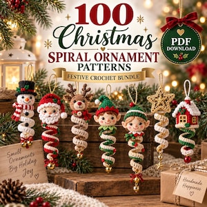 Virkmönsterpaket med 100 julgranskulor i spiralform i PDF-format | Snurrande spiralpyssel för semesterhemmet | Nybörjarvänlig | Direktnedladdning