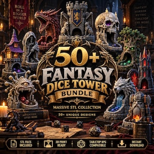 Puede incluir: Una colección digital de más de 50 torres de dados de fantasía con varios diseños que incluyen un dragón, una calavera, un castillo y un árbol. El texto central dice 50+ FANTASY DICE TOWER BUNDLE MASSIVE STL COLLECTION. Incluye iconos para archivos STL, listos para impresión 3D y descarga instantánea.