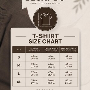 May include: A T-shirt size chart by BECANDO featuring a dark brown background and a light beige table. The chart lists sizes S, M, L, and XL with corresponding length, chest width, and sleeve length measurements in both centimeters and inches.