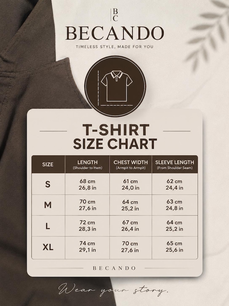 May include: A T-shirt size chart by BECANDO featuring a dark brown background and a light beige table. The chart lists sizes S, M, L, and XL with corresponding length, chest width, and sleeve length measurements in both centimeters and inches.