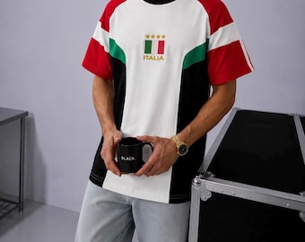 T-shirt en coton brodé drapeau italien rétro, maillot de football streetwear oversize, unisexe