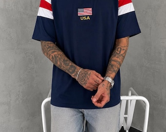 T-shirt en coton bleu marine drapeau des États-Unis - T-shirt streetwear oversize, vêtements de football brodés, unisexe