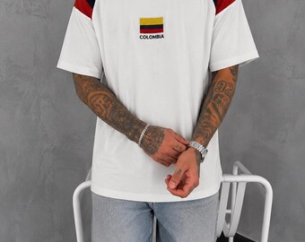 T-shirt rétro Colombie en coton brodé, drapeau streetwear football vintage, unisexe