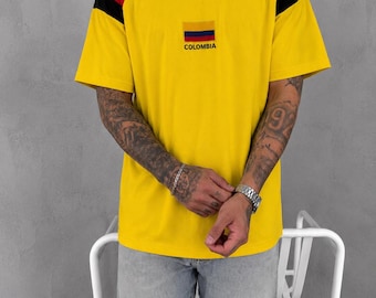 T-shirt en coton brodé drapeau colombien, football streetwear rétro oversize, unisexe