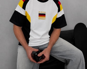 T-shirt rétro allemand en coton brodé, drapeau streetwear football vintage, unisexe