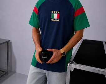 T-shirt de football Italia vintage, T-shirt streetwear en coton avec drapeau brodé, unisexe
