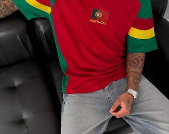 Vintage Portugal Embroidered Cotton T Shirt, Retro Football Streetwear,Unisex