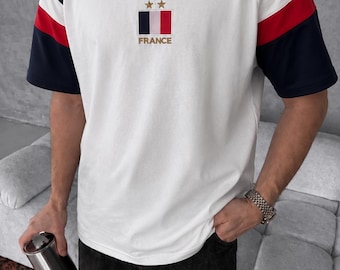 Camiseta de fútbol extragrande con la bandera de Francia bordada de estilo vintage, camiseta retro de estilo urbano de fútbol, unisex.