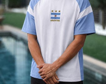 T-shirt brodé drapeau argentin vintage, streetwear football rétro oversize, unisexe
