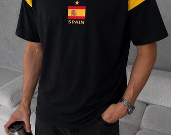 T-shirt de football surdimensionné brodé drapeau de l'Espagne vintage, t-shirt streetwear de football rétro, unisexe