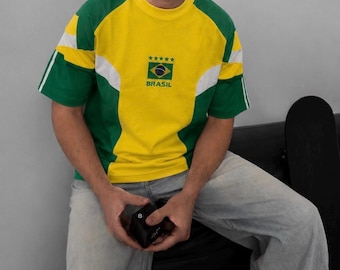 Vintage Brasil Flag Embroidered Oversized Football T-Shirt, Retro Soccer Streetwear Tee,Unisex