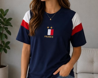 T-shirt de football surdimensionné brodé drapeau France vintage, t-shirt streetwear de football rétro, unisexe