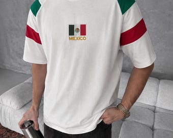 T-shirt de football brodé drapeau mexicain vintage, surdimensionné, streetwear coupe du monde, maillot de football rétro, unisexe
