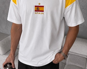 T-shirt de football surdimensionné brodé drapeau de l'Espagne vintage, t-shirt streetwear de football rétro, unisexe