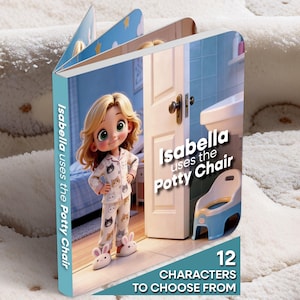 May include: A children's board book titled Isabella uses the Potty Chair, featuring a blonde character in cat-print pajamas and bunny slippers. The cover shows a bathroom scene with a blue potty chair and text stating 12 characters to choose from.