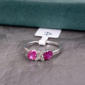 Pink Ruby & Diamond Silver Ring, Dual Stone Promise Ring, Minimalist July Birthstone Ring, Dainty Engagement Gift for Her