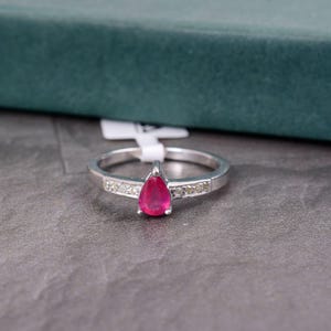 Sterling Silver Pink Ruby Ring, Pear Cut Gemstone Engagement Ring, Dainty Promise Ring, Minimalist Diamond Accent Ring, Gift for Her