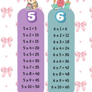 Puede incluir: Una tabla de multiplicar educativa con los números 5 y 6 en paneles verticales morados y azul verdoso. La tabla incluye un cachorro de dibujos animados con mochila y útiles escolares sobre un fondo blanco con lazos rosas y corazones.