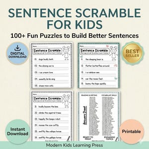 Puede incluir: Un recurso educativo para niños con rompecabezas de frases desordenadas. La imagen muestra varias páginas con el título "Sentence Scramble for Kids", hojas de respuestas y los textos "Descarga Digital" y "Descarga Instantánea".