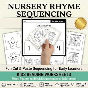 Può includere: Un foglio di lavoro educativo stampabile intitolato "Nursery Rhyme Sequencing" per i giovani studenti. L'immagine mostra una mano che tiene in mano delle carte di sequenziamento per la filastrocca "Old MacDonald". Il foglio di lavoro include attività di ritaglio e incolla.