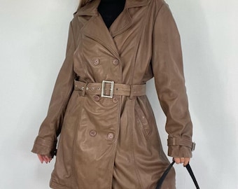 Women's Brown Long Leather Coat - Vintage Double Breasted Leather Trench Coat - 90s Belted Genuine Sheepskin Coat