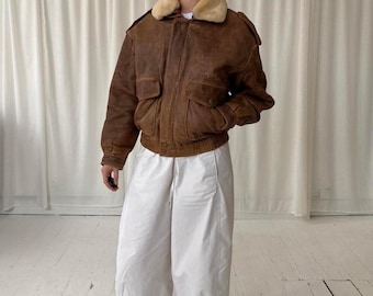 Chaqueta bomber de cuero para mujer - Chaqueta de cuero estilo aviador vintage - Chaqueta de vuelo marrón con cuello de piel sintética - Regalo para ella
