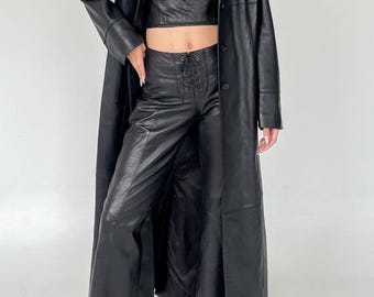 Vintage 70s Black Leather Trench Coat | Single Breasted Long Coat Women | Boho Y2k Bohemian Leather Coat | Winter Outwear Coat