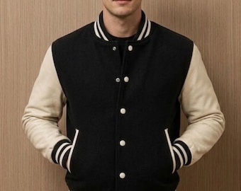 Men's Black Varsity Jacket | Wool Body Leather Sleeve Jacket | 90s Letterman Jacket | College Baseball Jacket | Bomber Wool Jacket