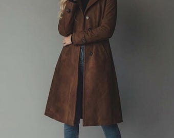 1970 Suede Trench Coat Women | Vintage Style Brown Leather Overcoat | Long Suede Coat | Elegant Leather Outerwear