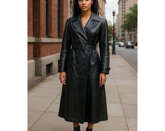 Women's Black Trench Coat | 70s Double Breasted Long Coat | Vintage Winter Leather Overcoat | Genuine Sheepskin Leather Handmade Coat