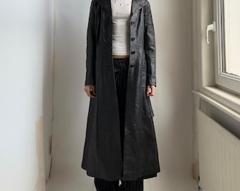 Women Black Leather Trench Coat | 90s Leather Belted Coat | Vintage Long Leather Coat | Classic Winter Coat | Gift For Her
