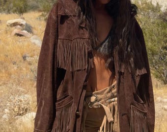 Women's Brown Suede Fringe Jacket | 70s Western Suede Leather Jacket | Vintage Cowgirl Jacket | Boho Suede Leather Coat | Gift For Her