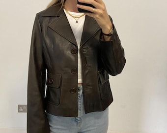 Women Brown Leather Jacket | Handmade Casual Button Jacket | Vintage 70s Button Jacket | Ladies Leather Outerwear |