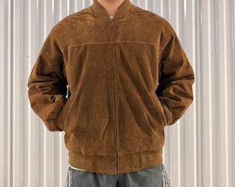 Vintage 90s Brown Suede Bomber Jacket – Zip-Up Suede Leather Jacket with Pockets | Retro Men’s Suede Outerwear