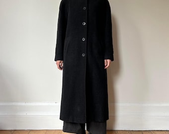 Vintage Black Wool Long Coat - Minimalist Full Length Trench Coat Women - Single Breasted Wool Coat - Winter Wool Overcoat