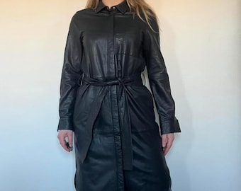 Women Vintage Black Leather Coat | Long Leather Belted Trench Coat | Handmade Real Leather Coat - Gift For Her
