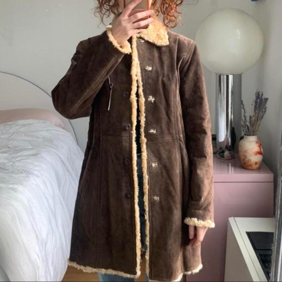 Women Vintage Shearling Coat | 70s Suede Leather Coat | Brown Suede Shearling Coat with Fur Lining | Winter Penny Lane Style