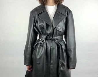 Women’s Black Leather Trench Coat - Belted Double Breasted Jacket - Vintage Style Genuine Leather Long Coat - Elegant Winter Outerwear