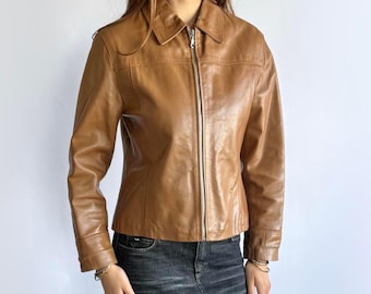 Brown Leather Jacket Women | Tan Real Leather Jacket | 90s Retro Biker Jacket | Y2K Leather Jacket | Vintage Leather Blazer Women