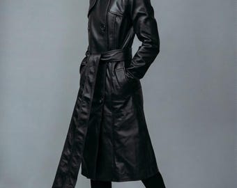 Women Black Leather Trench Coat | Vintage 90s Double Breatsed Leather Coat | Belted Leather Long Coat | Classic Leather Outerwear