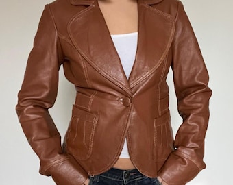 Vintage 90s Brown Leather Jacket | Soft Genuine Leather Blazer Coat | Minimalist Y2K Button Up Leather Coat | Classic Leather Outerwear