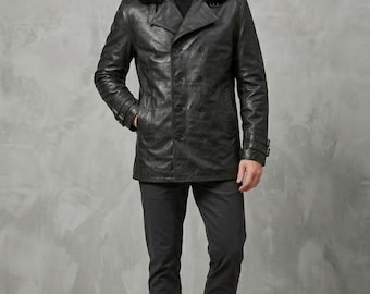 Men's Black Leather Peacoat | 90s Double Breasted Leather Coat | Fur Collar Leather Jacket | Mid Length Winter Coat Men