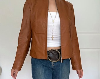 Women's 90s Brown Leather Jacket | Vintage Style Cropped Leather Jacket | Retro Real Leather Coat | Gift For Her