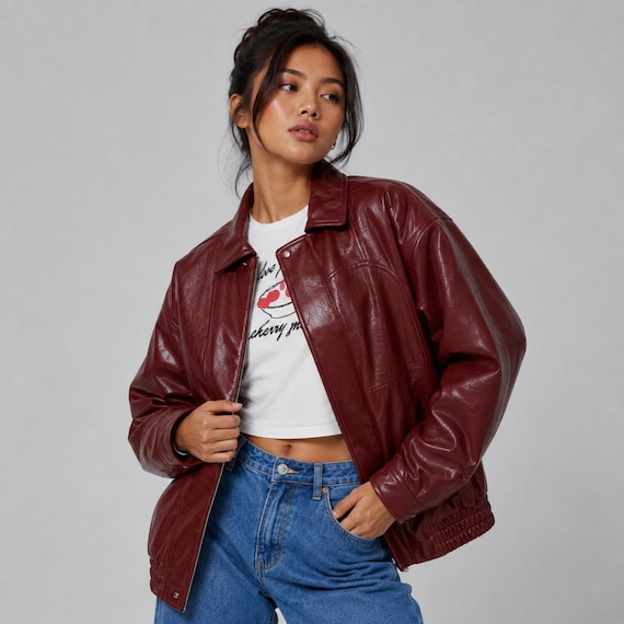 Women’s Oversized Burgundy Leather Jacket Y2K Baggy Zip Up Relaxed Fit Streetwear Leather Outerwear